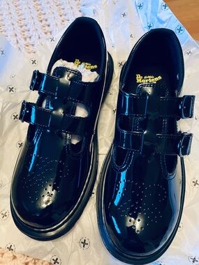 Dr. Martens Black Patent Double-Strap Shoes
